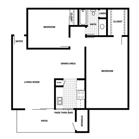 Floor plan for 2 beds, 1 bath, 965 sqft